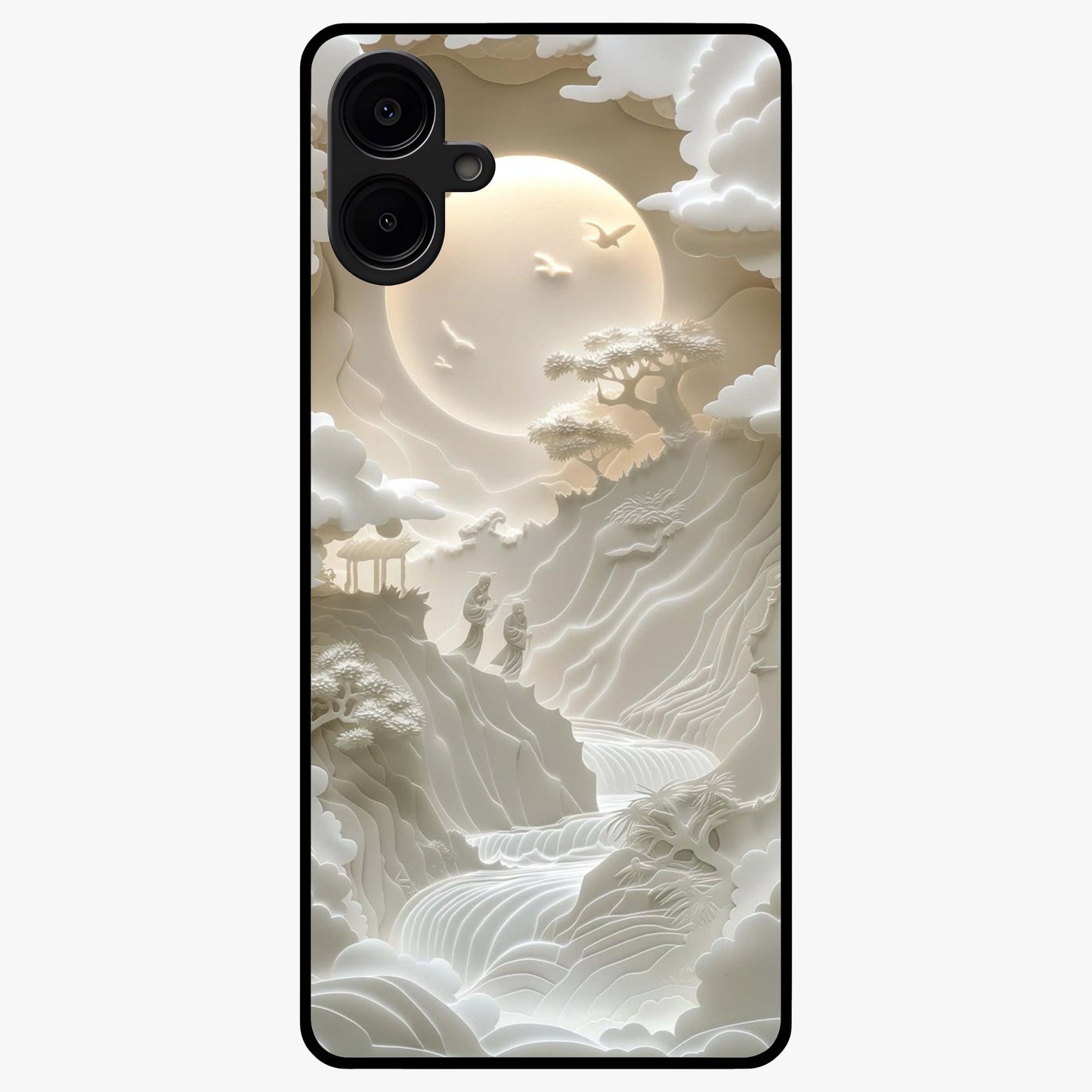 Celestial Origami Glass Case showing flat back view with artistic origami inspired celestial artwork and glossy glass finish.