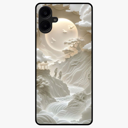 Celestial Origami Glass Case showing flat back view with artistic origami inspired celestial artwork and glossy glass finish.