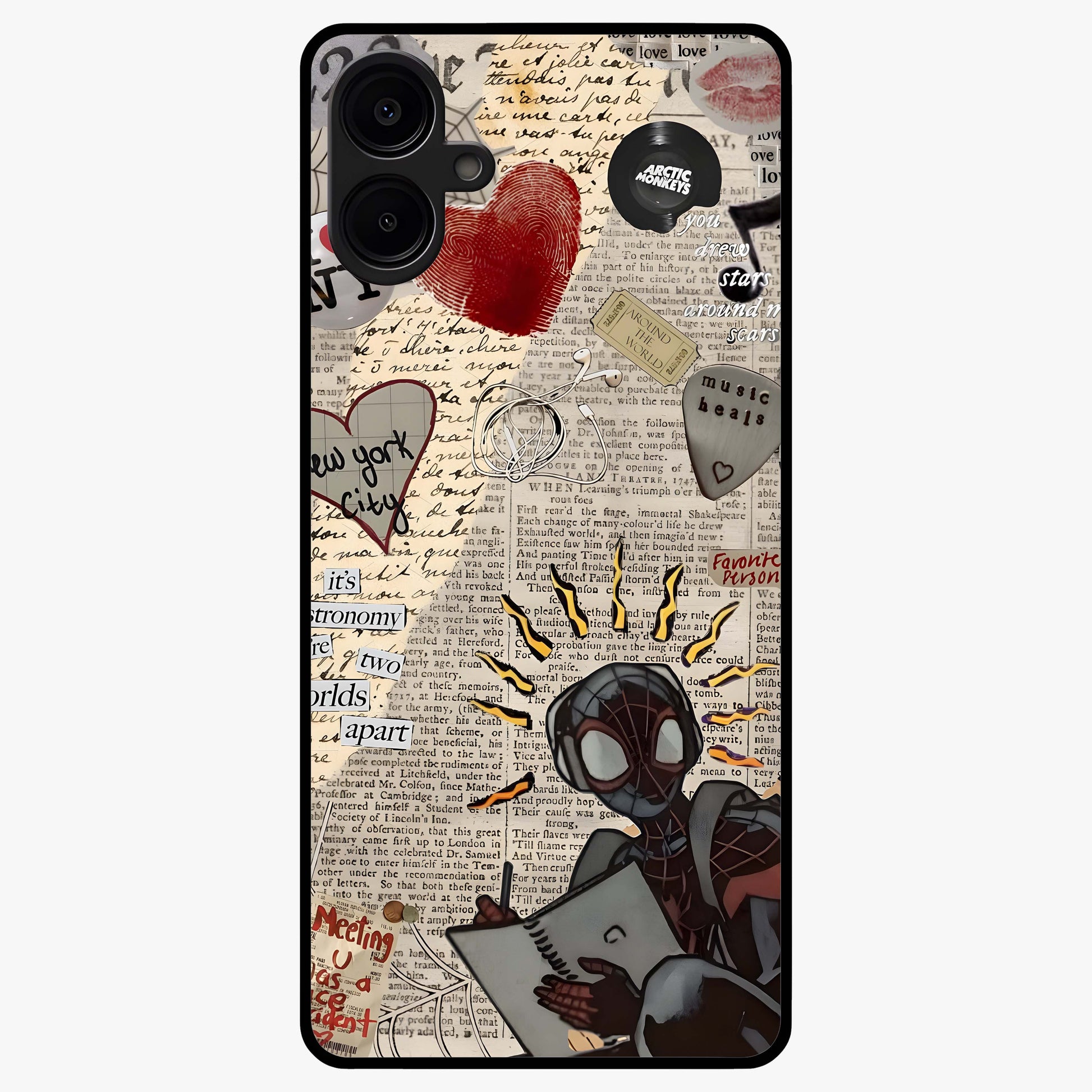 City Dream Sketch Glass Case showing flat back view with artistic city skyline sketch artwork and glossy glass finish.