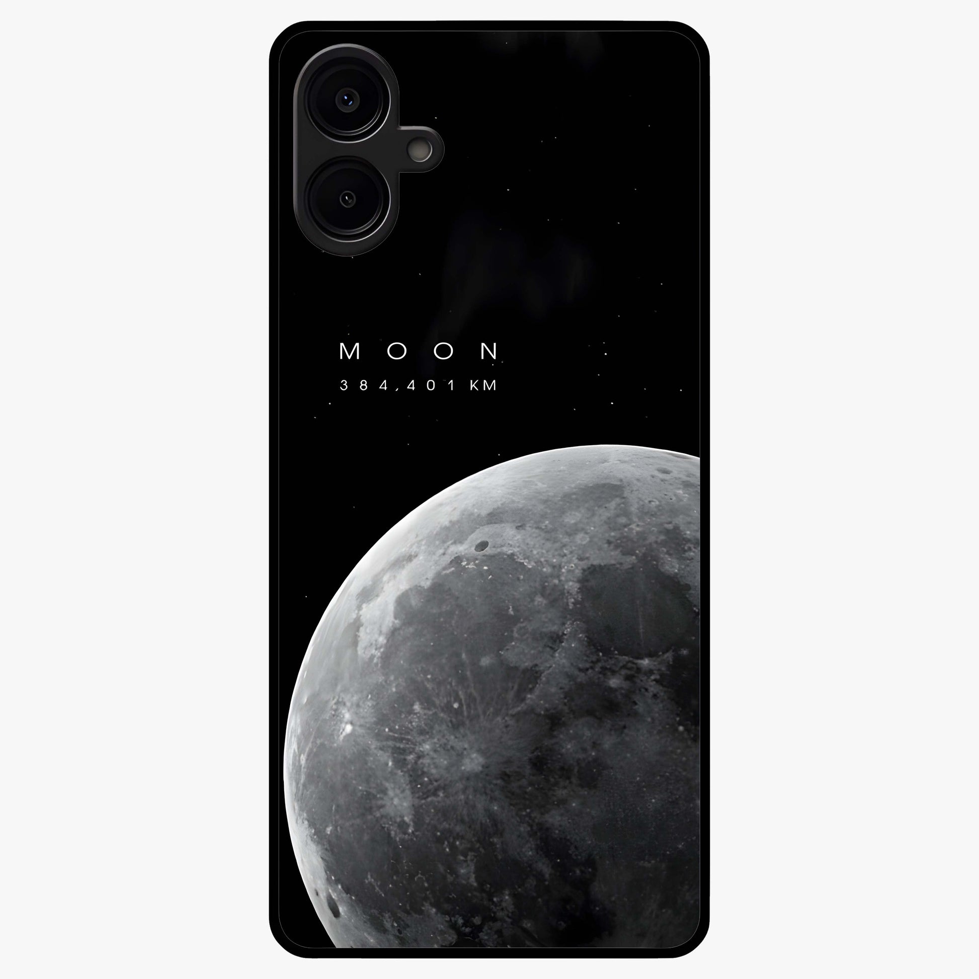 Cosmic Moon Glow Glass Case showing flat back view with glowing moon artwork and glossy glass finish.