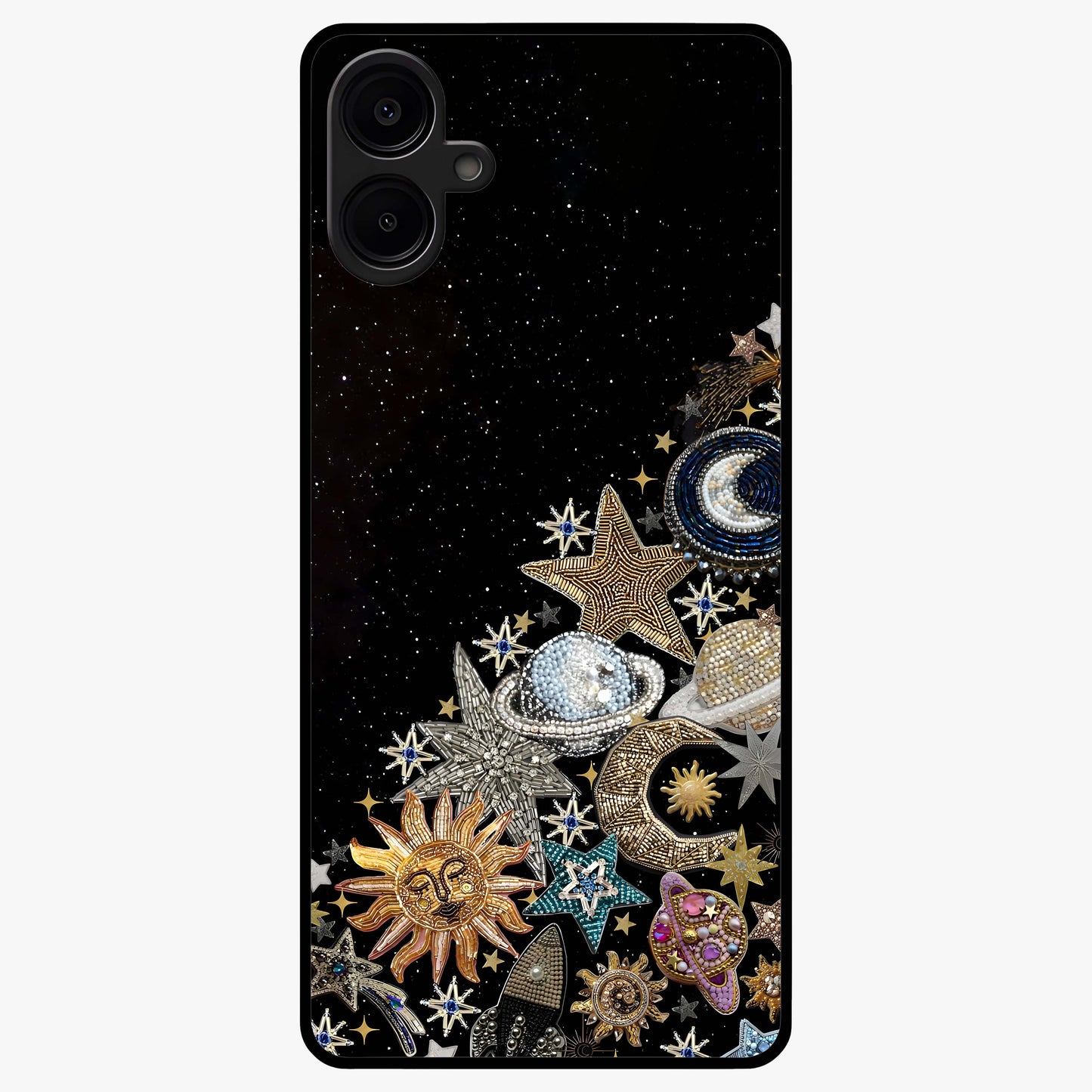 Cosmic Sparkle Dreams Glass Case showing flat back view with sparkling cosmic artwork and glossy glass finish.