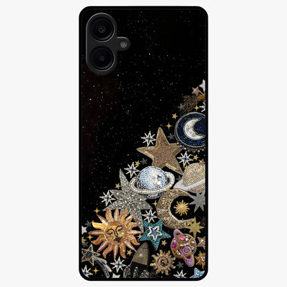 Cosmic Sparkle Dreams Glass Case showing flat back view with sparkling cosmic artwork and glossy glass finish.
