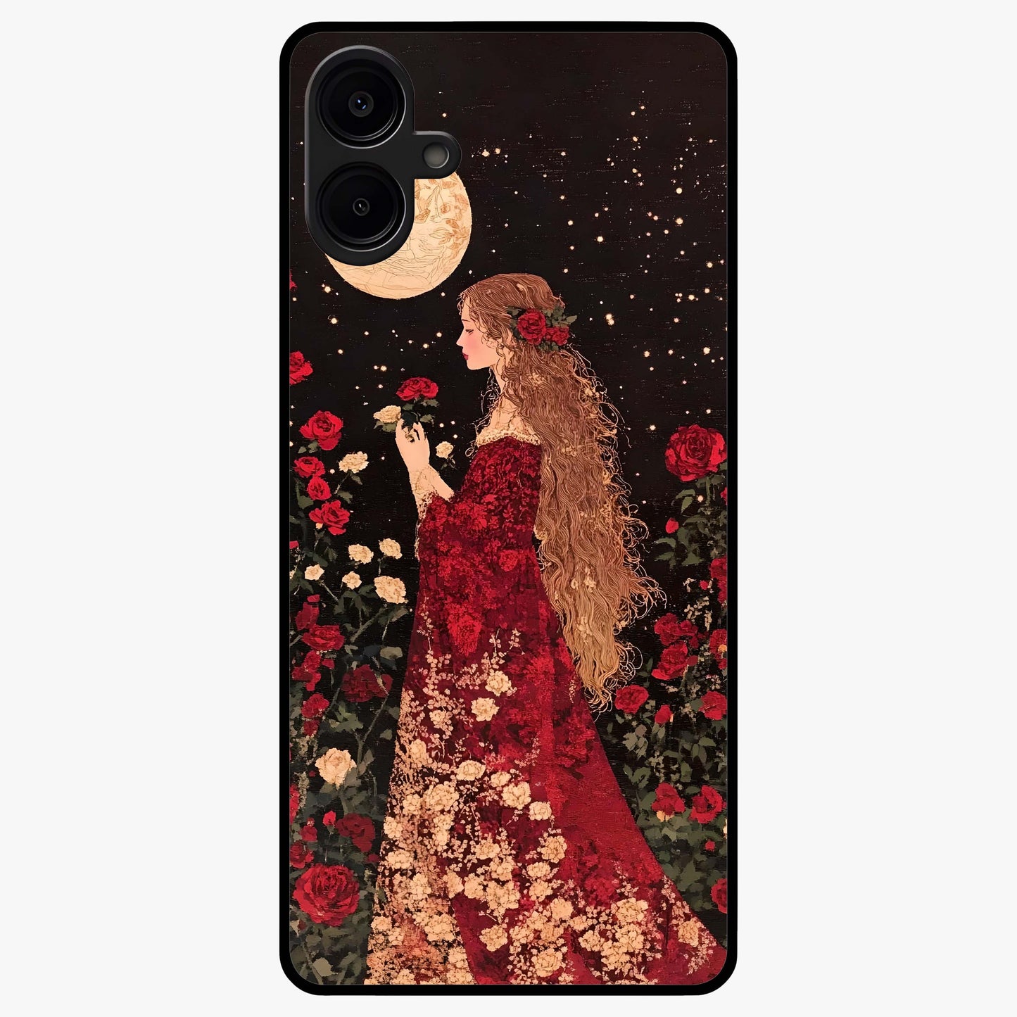 Crimson Dreams Glass Case showing flat back view with dreamy crimson artwork and glossy glass finish.