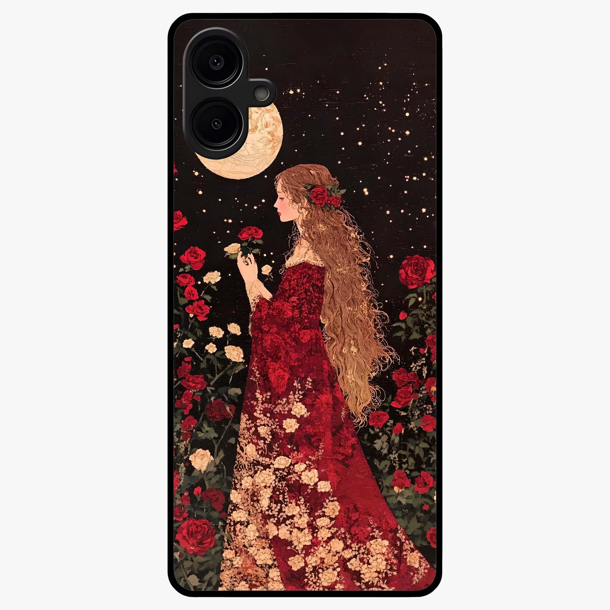 Crimson Dreams Glass Case showing flat back view with dreamy crimson artwork and glossy glass finish.