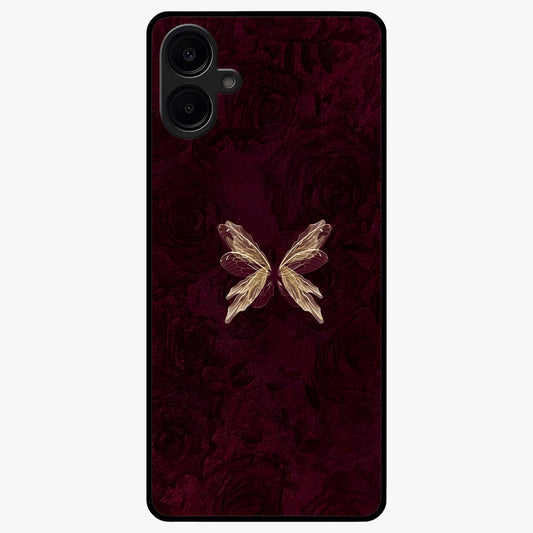 Crimson Fade Butterfly Glass Case showing flat back view with fading butterfly artwork and glossy glass finish.