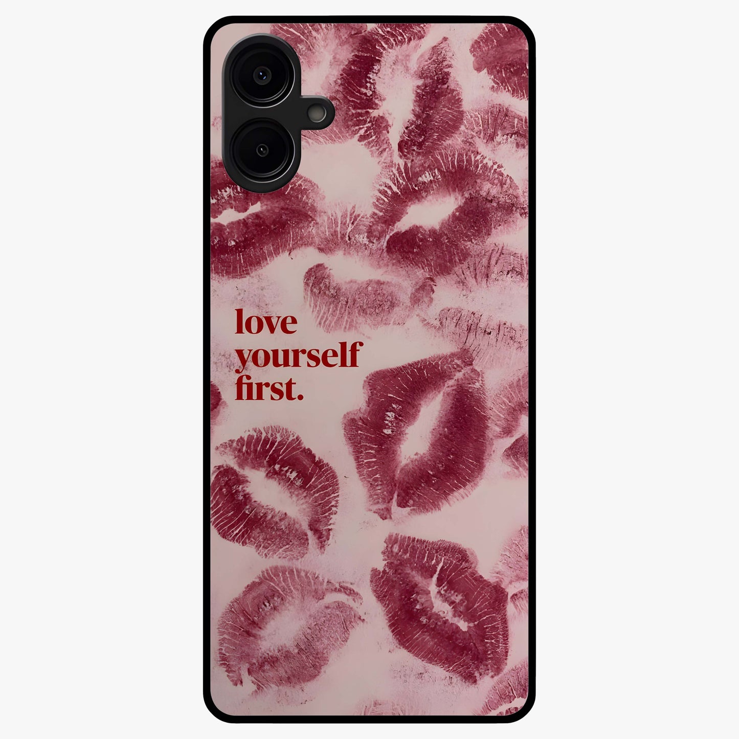 Crimson Kiss Love Glass Case showing flat back view with romantic crimson themed artwork and glossy glass finish.