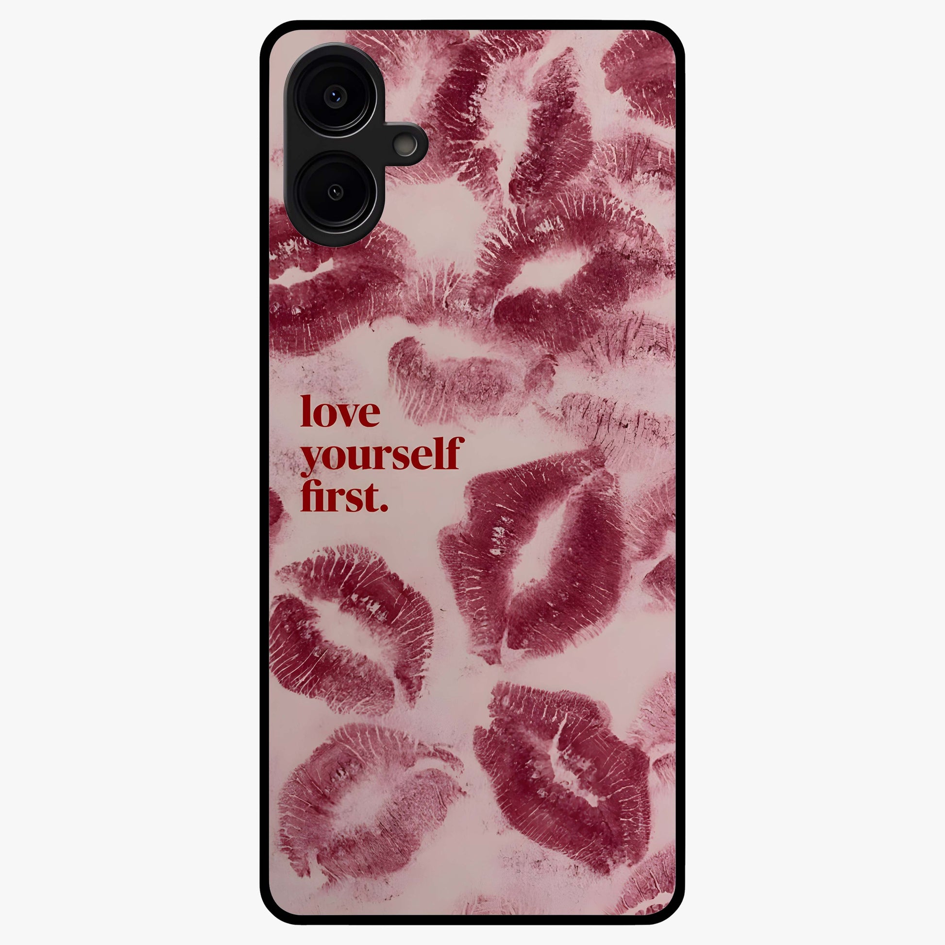 Crimson Kiss Love Glass Case showing flat back view with romantic crimson themed artwork and glossy glass finish.