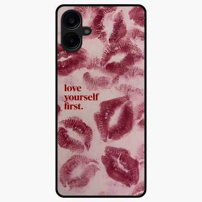 Crimson Kiss Love Glass Case showing flat back view with romantic crimson themed artwork and glossy glass finish.