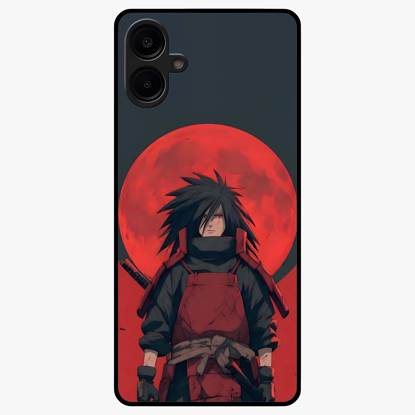 Crimson Moon Warlord Glass Case showing flat back view with mystical moon warrior artwork and glossy glass finish.
