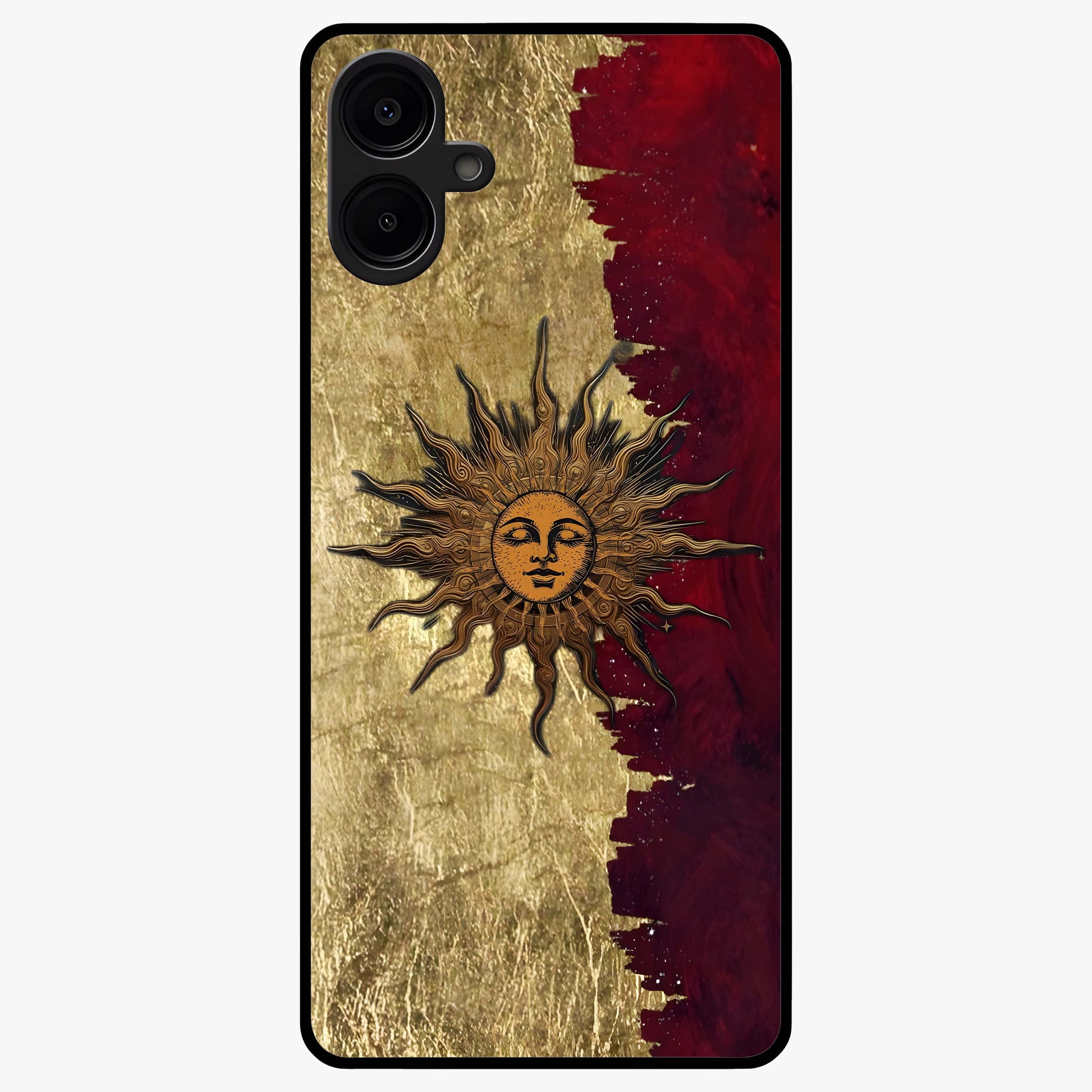 Crimson Sun Majesty Glass Case showing flat back view with radiant sun inspired artwork and glossy glass finish.
