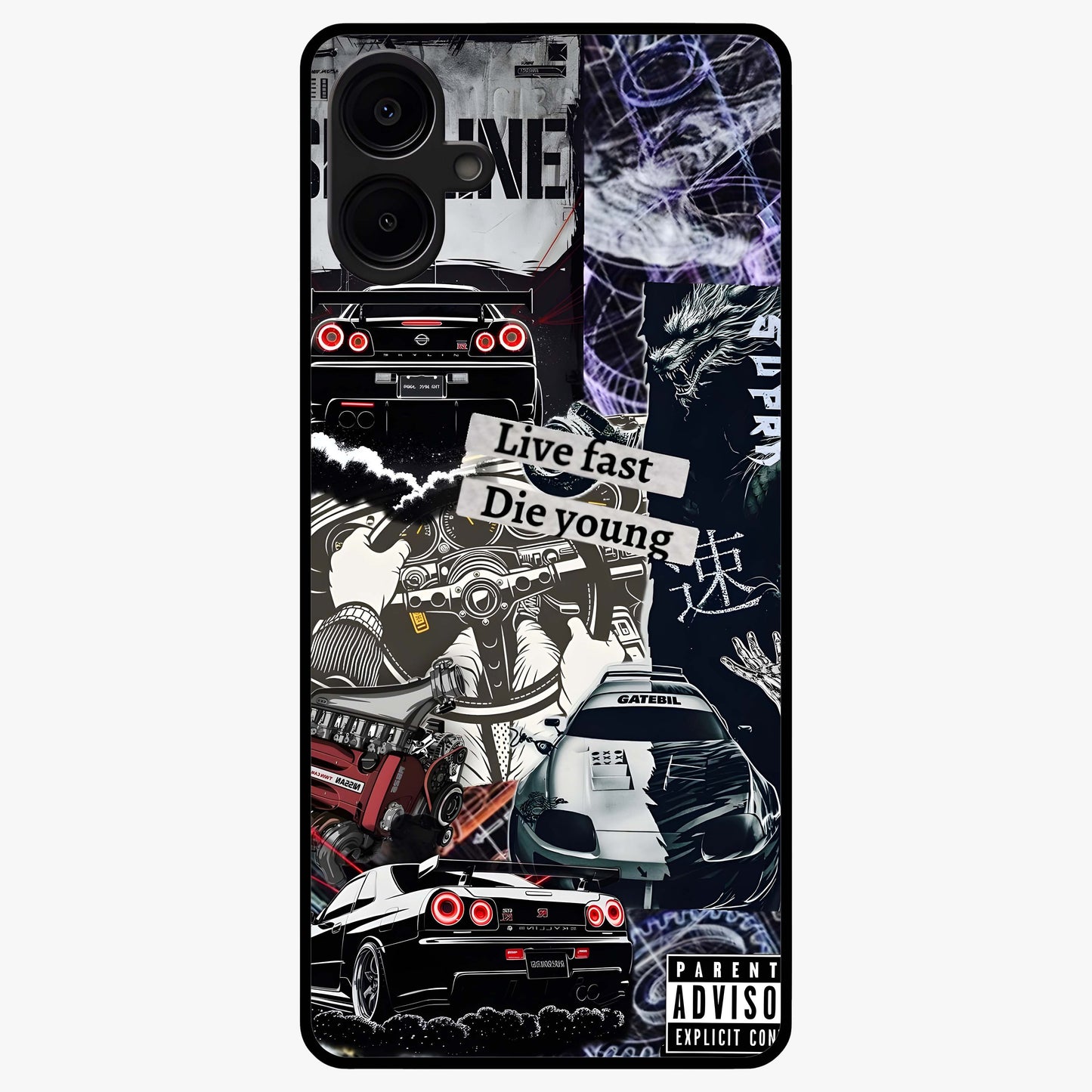 Die Young Glass Case showing flat back view with bold artistic typography design and glossy glass finish.