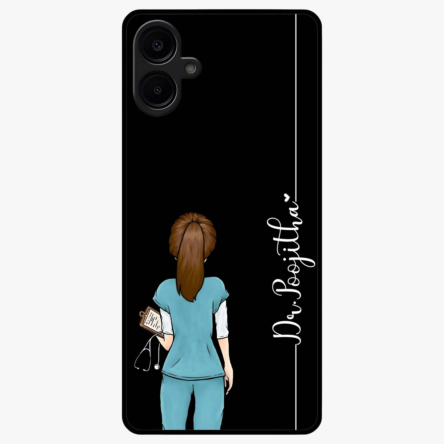 Doctor Pattern Custom Name Glass Case showing flat back view with medical themed pattern and personalized name design.