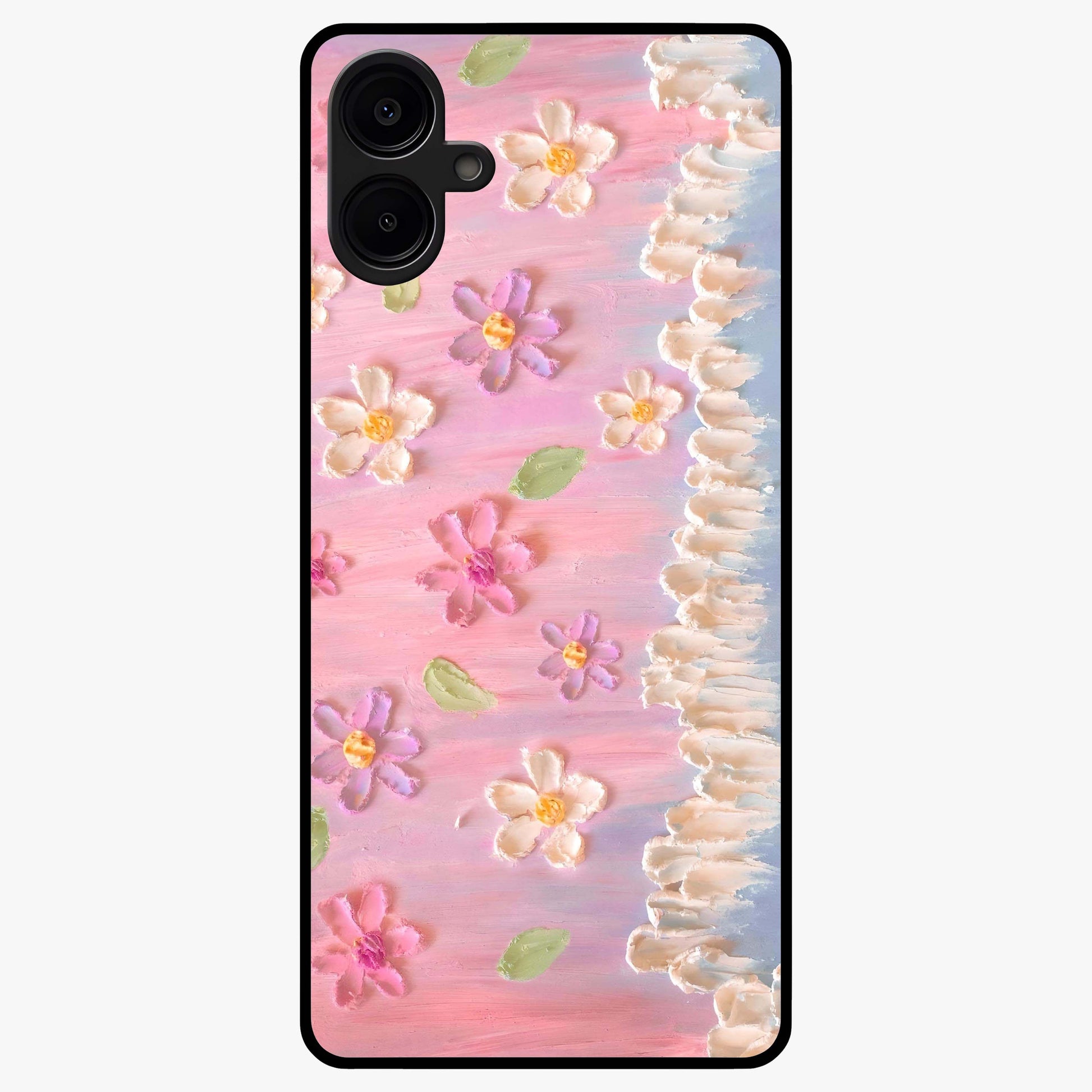 Dreamy Painted Garden Glass Case showing flat back view with artistic painted floral garden artwork and glossy glass finish.