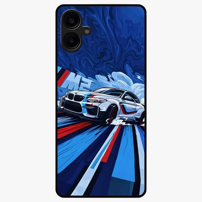 Drift Power Rush Glass Case showing flat back view with dynamic racing inspired artwork and glossy glass finish.