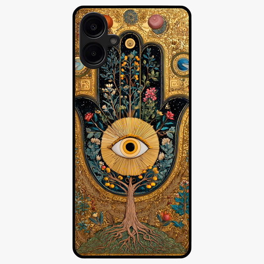 Ethereal Evil Eye Glass Case showing flat back view with mystical evil eye artwork and glossy glass finish.