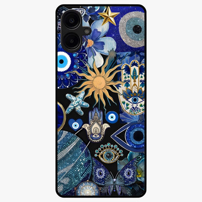 Evil Eye Charm Mix Glass Case showing flat back view with multiple evil eye charms artwork and glossy glass finish.