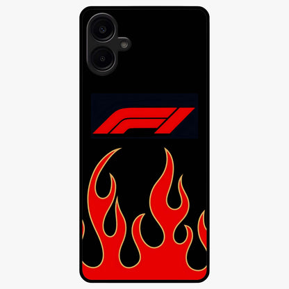 Fire F11 Glass Case showing flat back view with fiery themed artwork and glossy glass finish.