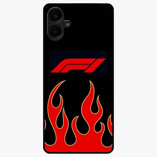 Fire F11 Glass Case showing flat back view with fiery themed artwork and glossy glass finish.