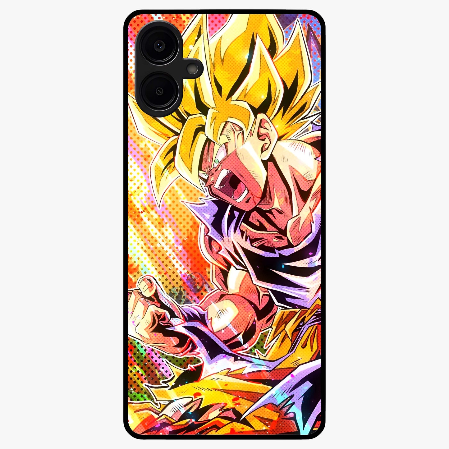 Firing Goku Glass Case showing flat back view with powerful anime inspired artwork and glossy glass finish.