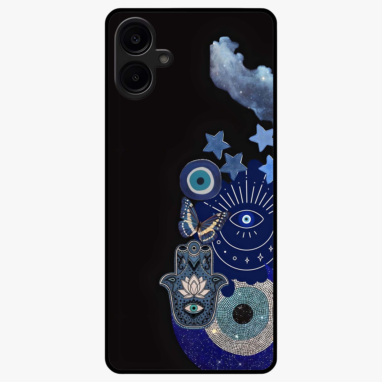 Galactic Charm Cluster Glass Case showing flat back view with glowing celestial charm artwork and glossy glass finish.