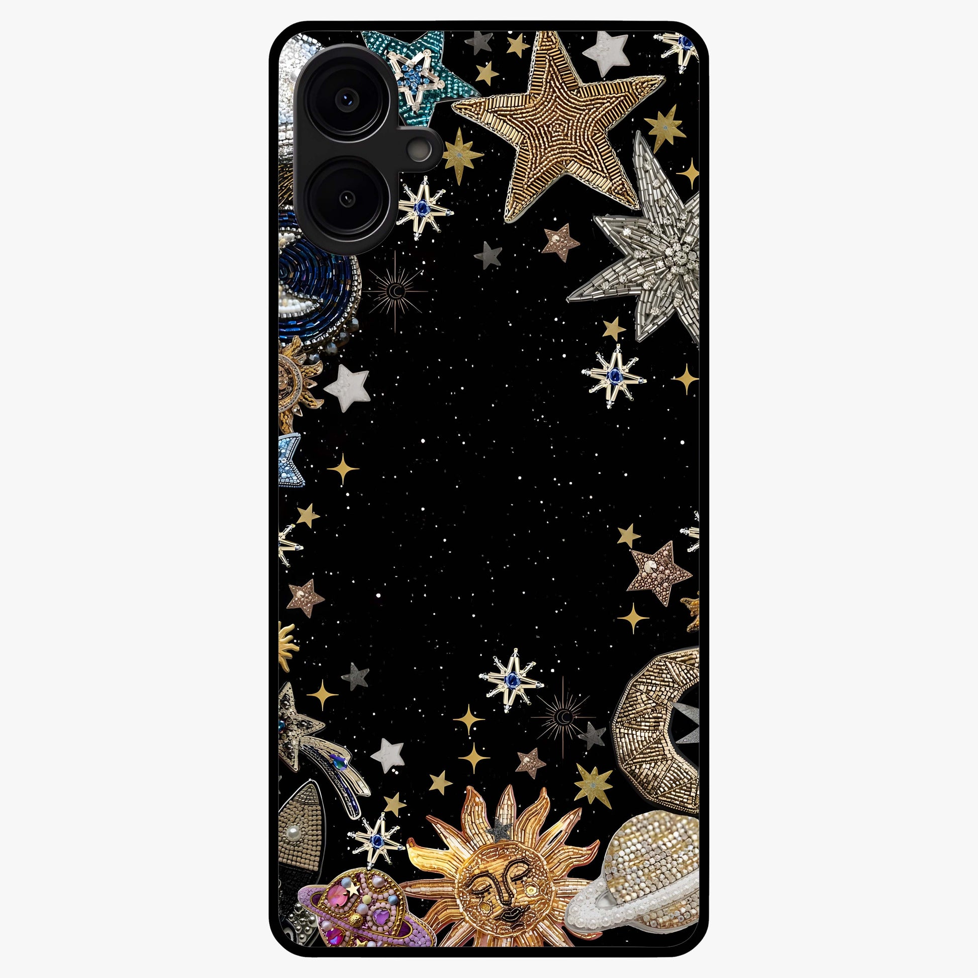 Galactic Jewel Stars Glass Case showing flat back view with sparkling star jewel artwork and glossy glass finish.