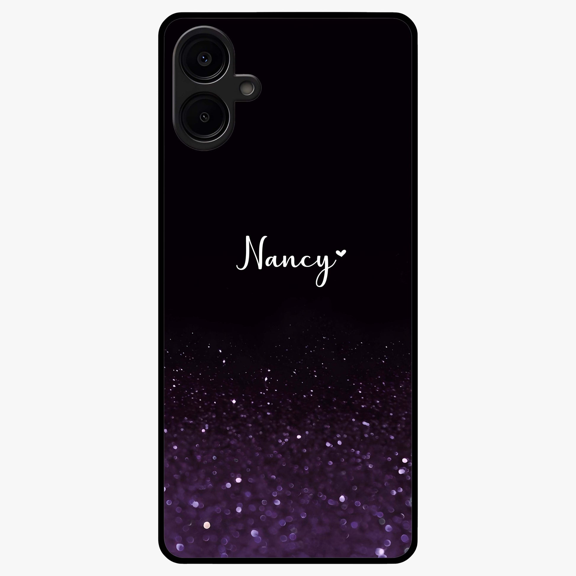 Glittery Purple Bokeh Custom Name Glass Case showing flat back view with purple bokeh sparkle artwork and personalized name design.