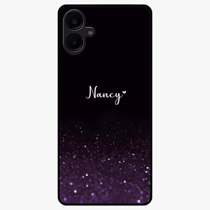 Glittery Purple Bokeh Custom Name Glass Case showing flat back view with purple bokeh sparkle artwork and personalized name design.