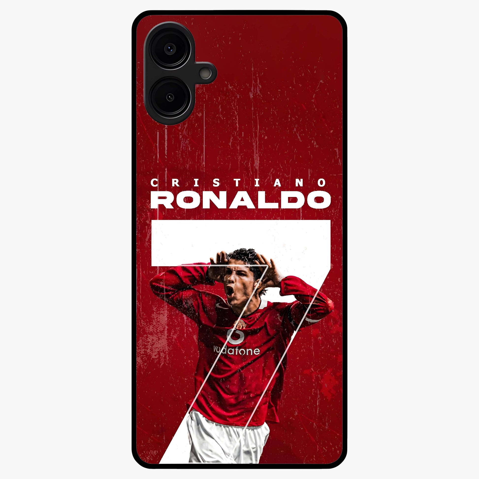 Goal Celebration Legacy Glass Case showing flat back view with football celebration inspired artwork and glossy glass finish.