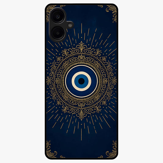 Golden Evil Eye Mandala Glass Case showing flat back view with intricate evil eye mandala artwork and glossy glass finish.
