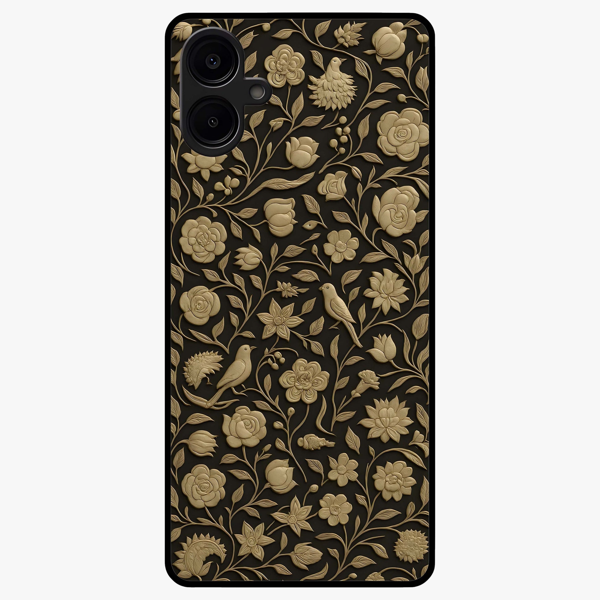 Golden Floral Majesty Glass Case showing flat back view with luxurious golden floral artwork and glossy glass finish.