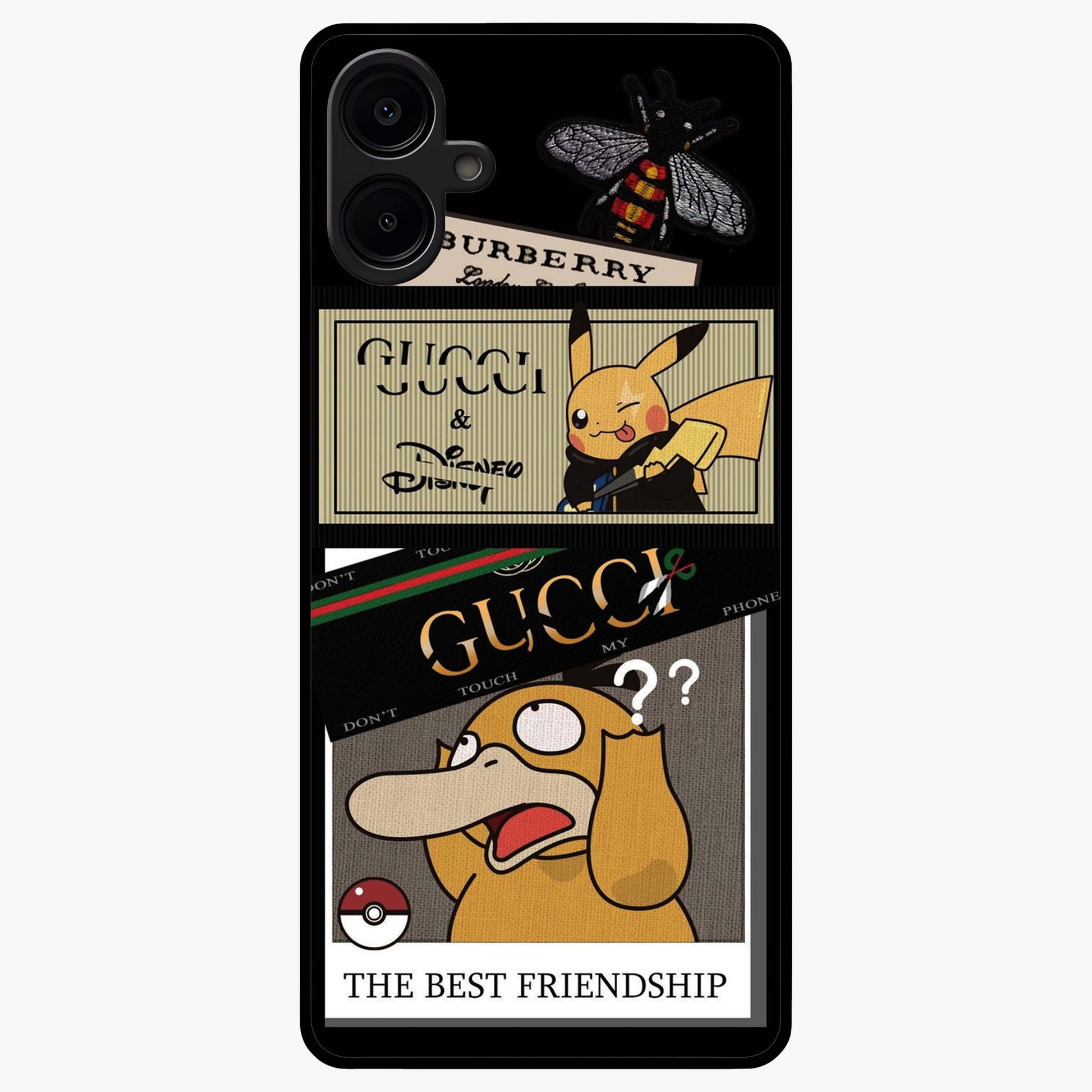 Gucci Play Mashup Glass Case showing flat back view with luxury inspired graphic artwork and glossy glass finish.