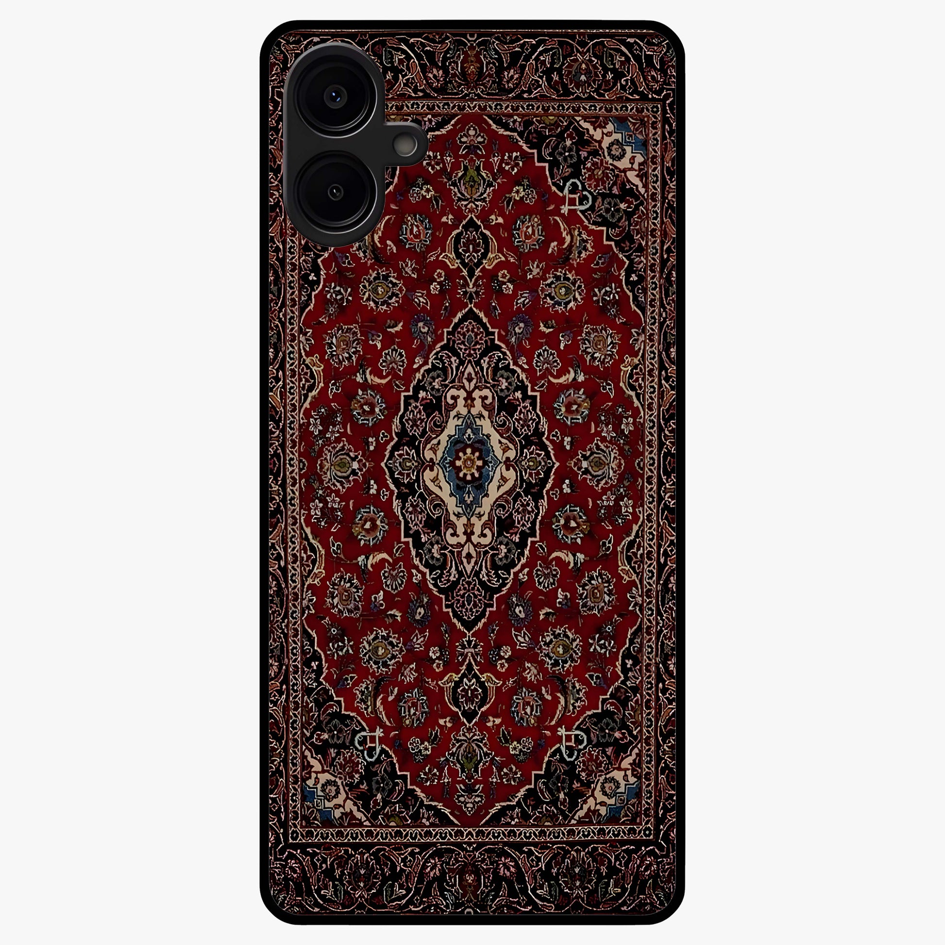Heritage Carpet Royale Glass Case showing flat back view with ornate Persian carpet inspired pattern and glossy glass finish.