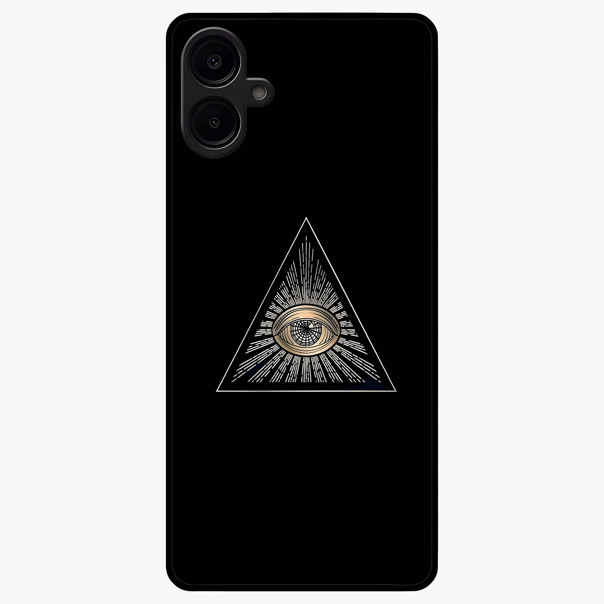 Illuminati Evil Glass Case showing flat back view with mysterious illuminati symbol artwork and glossy glass finish.