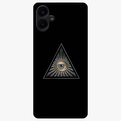 Illuminati Evil Glass Case showing flat back view with mysterious illuminati symbol artwork and glossy glass finish.
