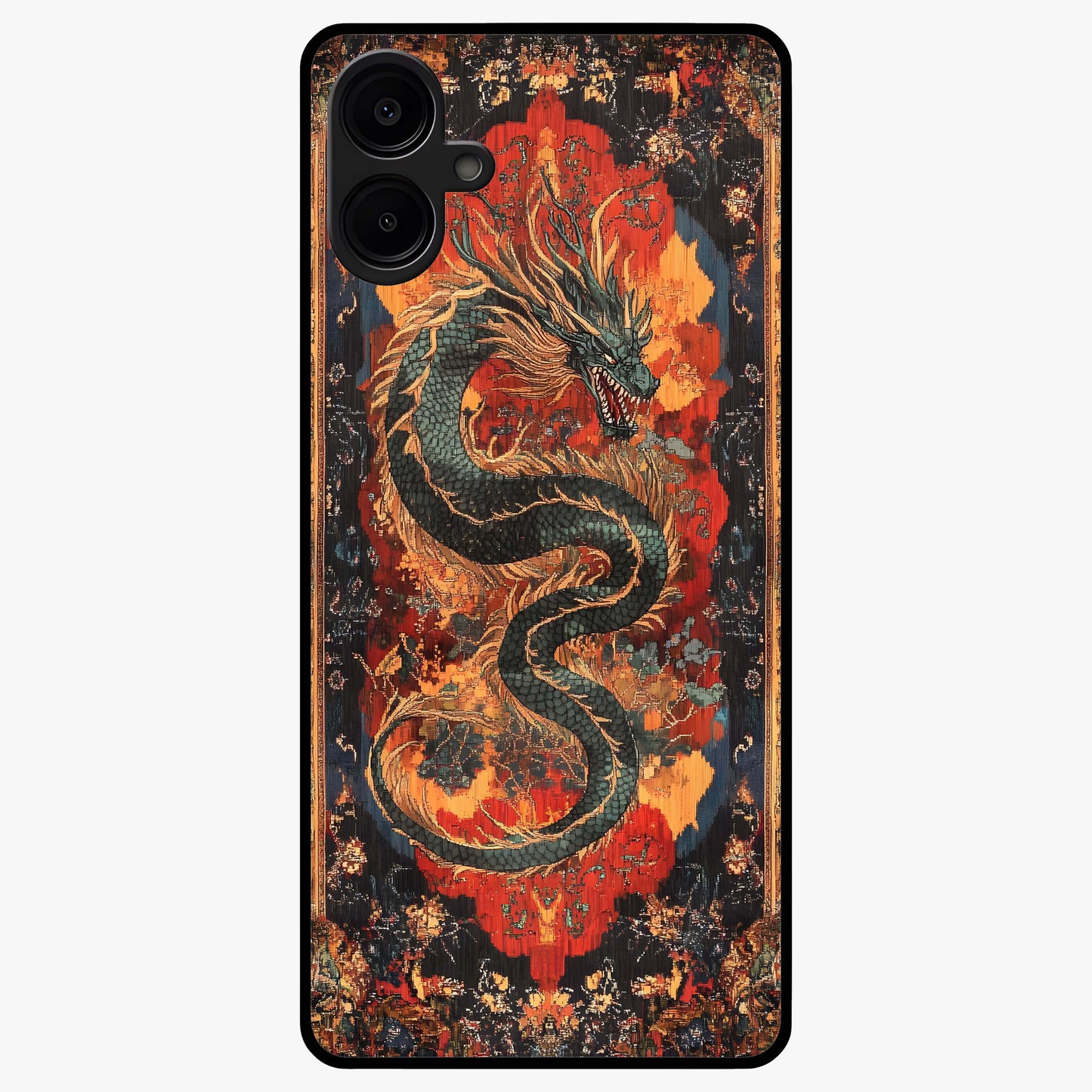 Inferno Dragon Soul Glass Case showing flat back view with fiery dragon artwork and glossy glass finish.