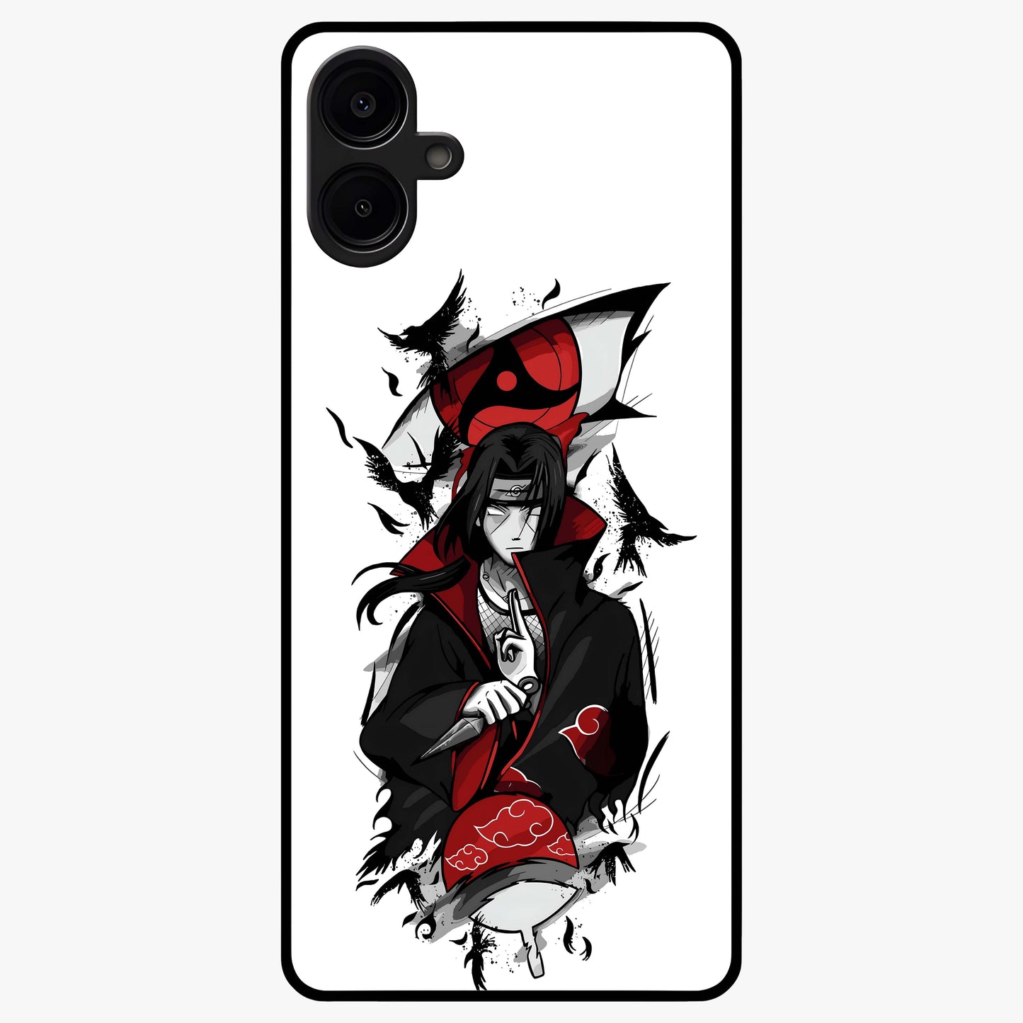 Itachi Sharingan Glass Case showing flat back view with powerful anime eye artwork and glossy glass finish.