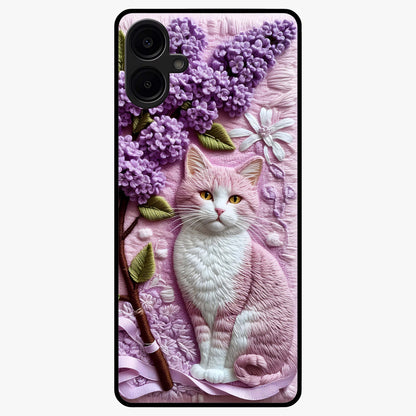 Lavender Cat Whimsy Glass Case showing flat back view with cute lavender cat artwork and glossy glass finish.