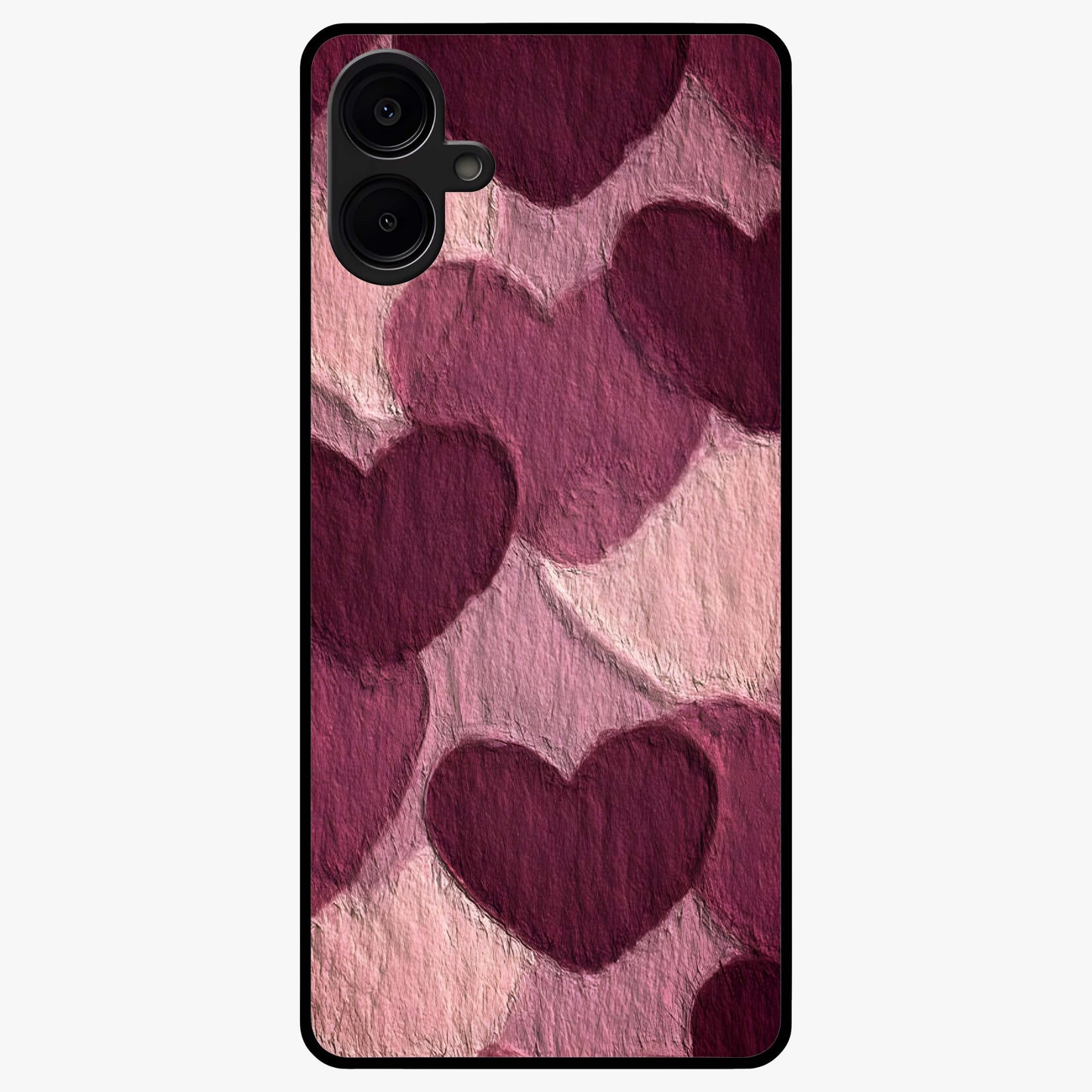 Layered Paper Hearts Glass Case showing flat back view with layered paper heart artwork and glossy glass finish.