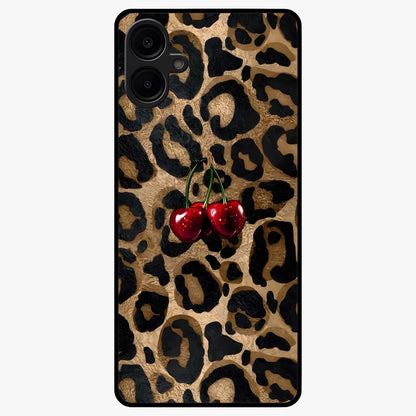 Leopard Wild Cherry Glass Case showing flat back view with leopard pattern and cherry artwork and glossy glass finish.