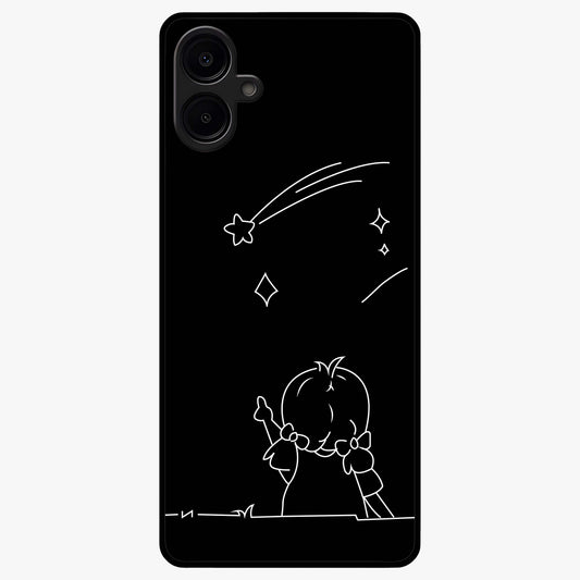 Line Art Girl With Shooting Stars Glass Case showing flat back view with minimal line art girl and shooting stars illustration and glossy glass finish.