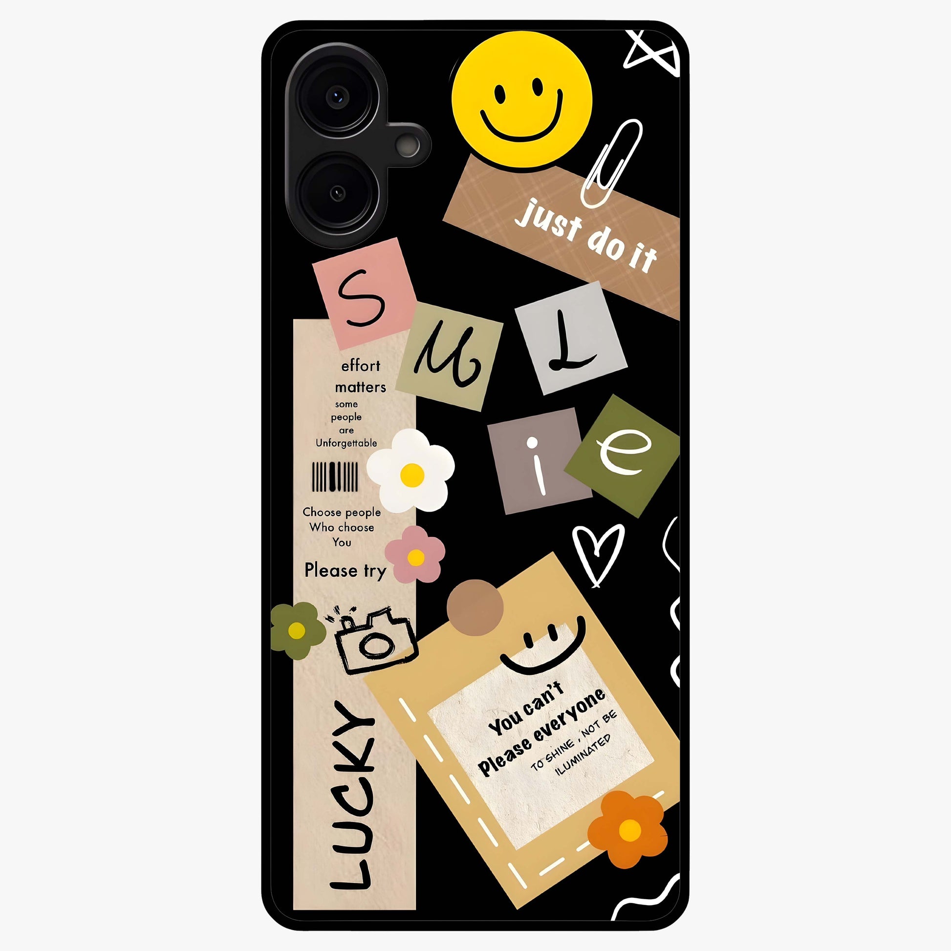 Lucky Aesthetic Collage Glass Case showing flat back view with trendy aesthetic collage artwork and glossy glass finish.