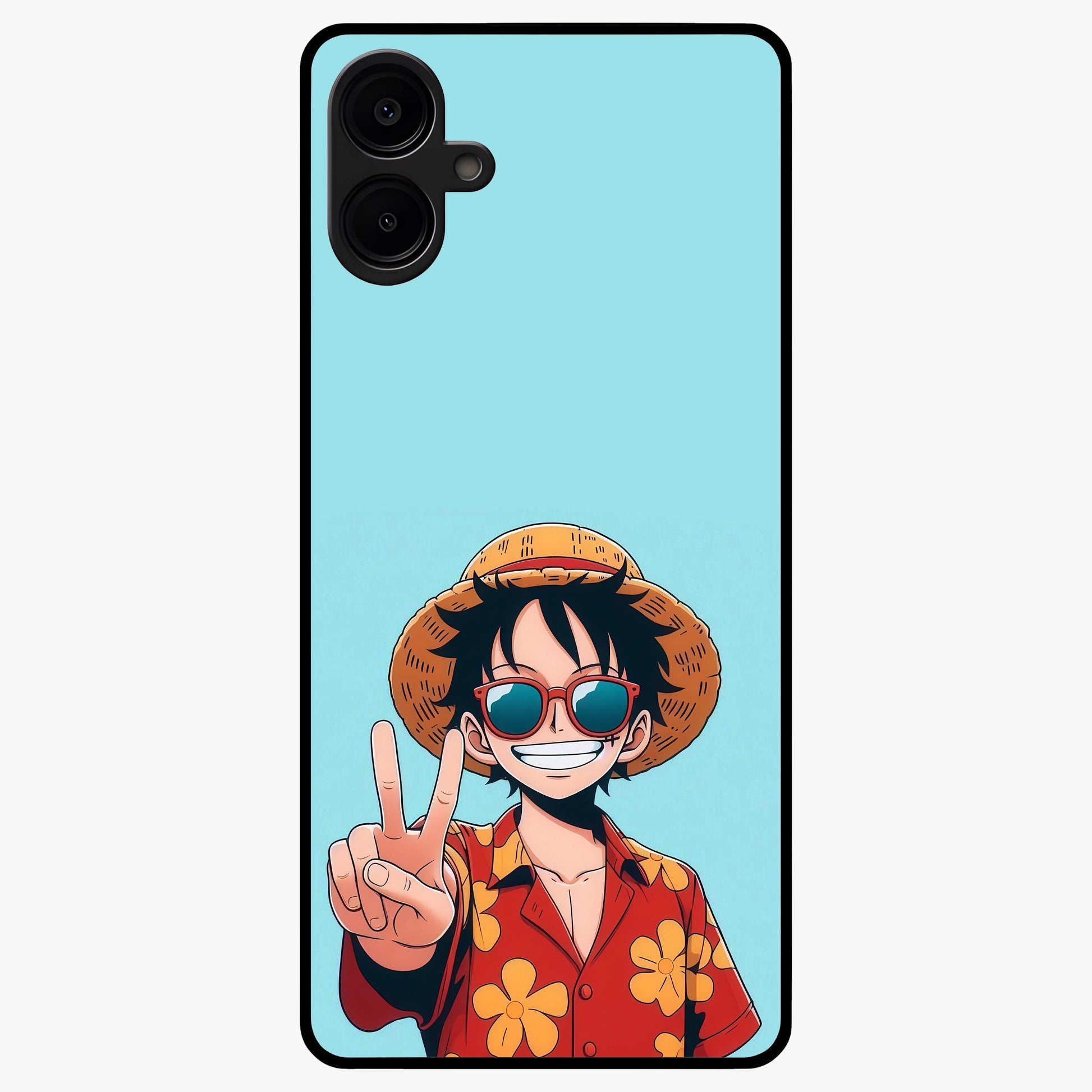 Luffy Summer Anime Vibe Glass Case showing flat back view with vibrant anime character artwork and glossy glass finish.