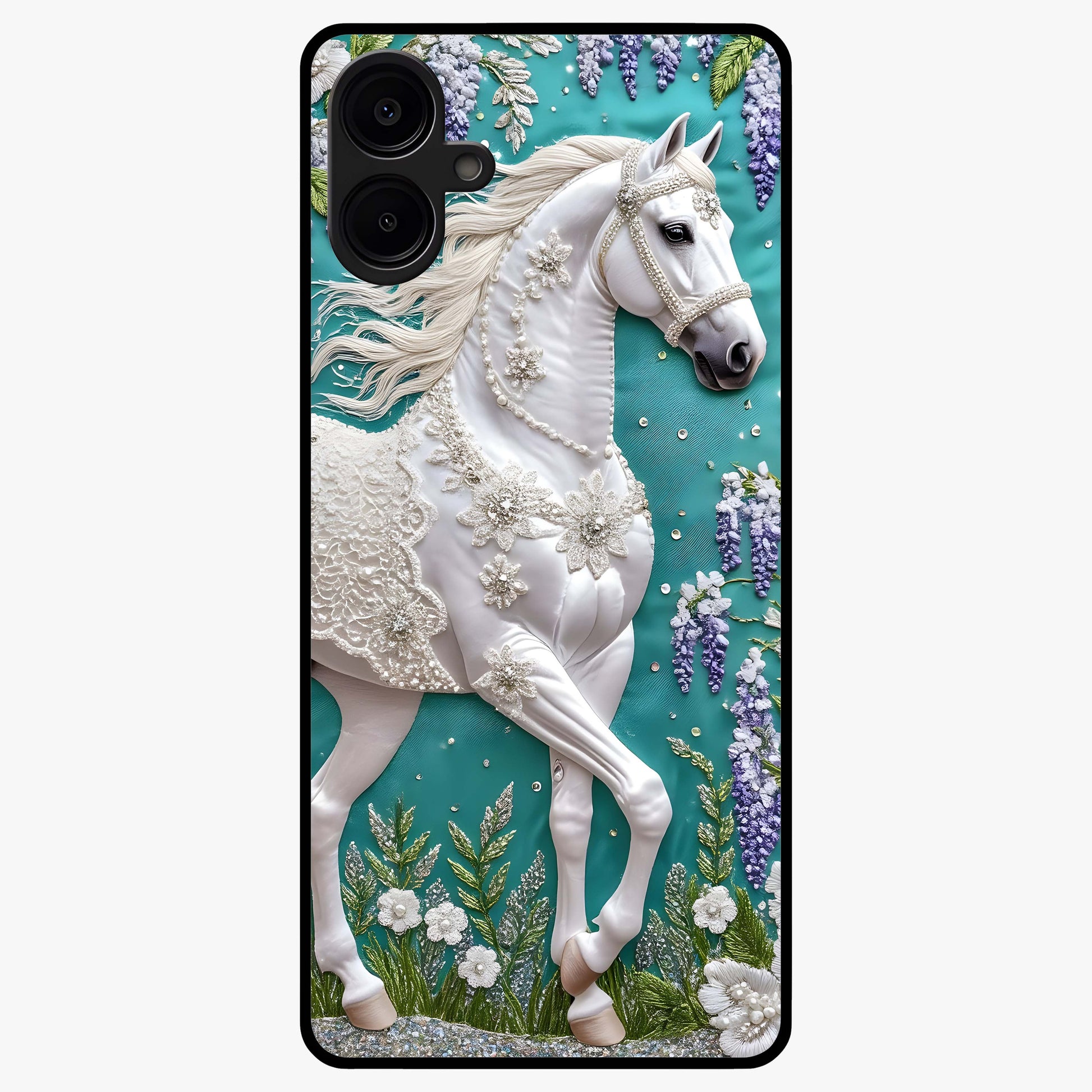 Majestic Floral Stallion Glass Case showing flat back view with powerful horse and floral artwork and glossy glass finish.