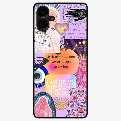 Manifestation Collage Glass Case showing flat back view with motivational collage artwork and glossy glass finish.