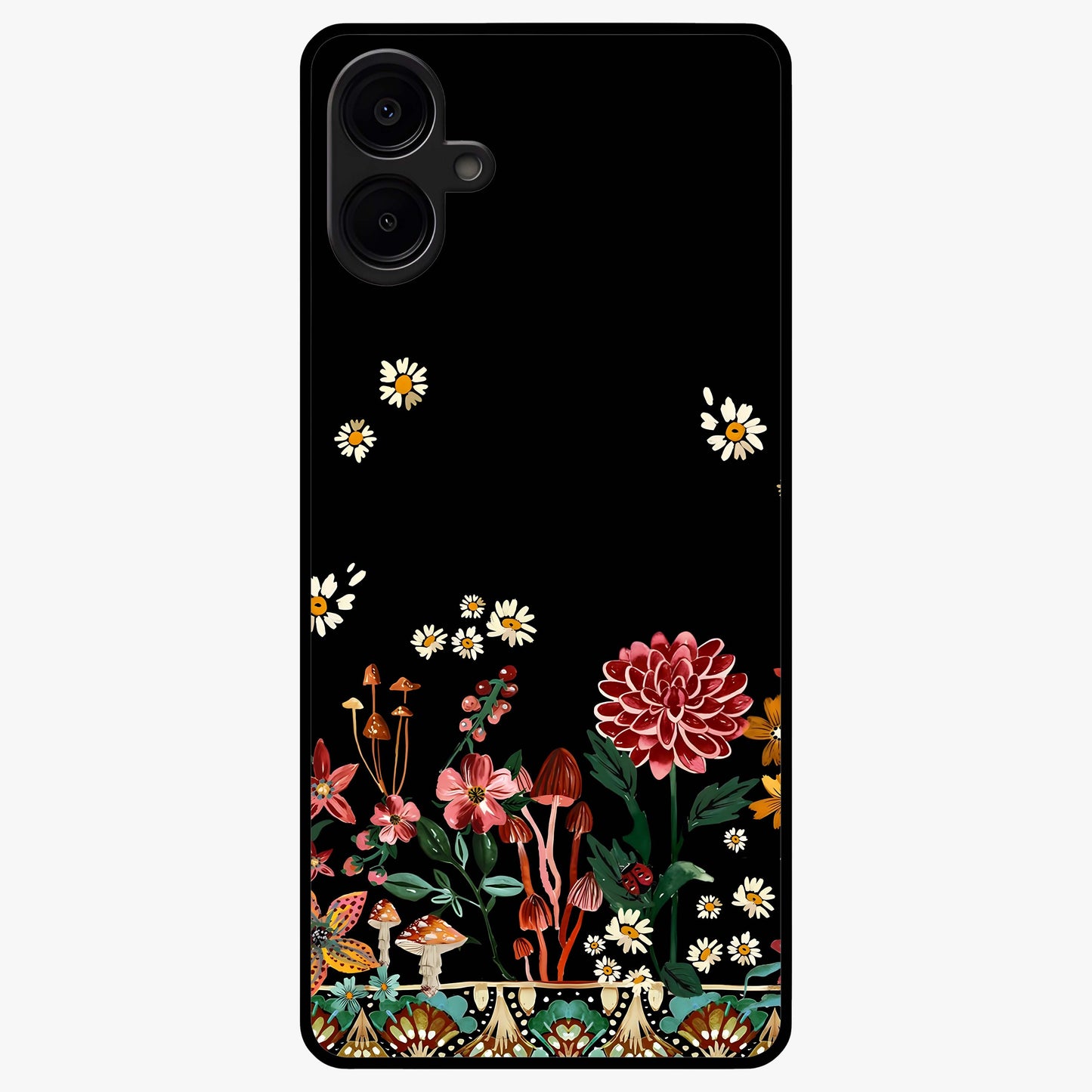 Midnight Bloom Pattern Glass Case showing flat back view with dark floral pattern artwork and glossy glass finish.