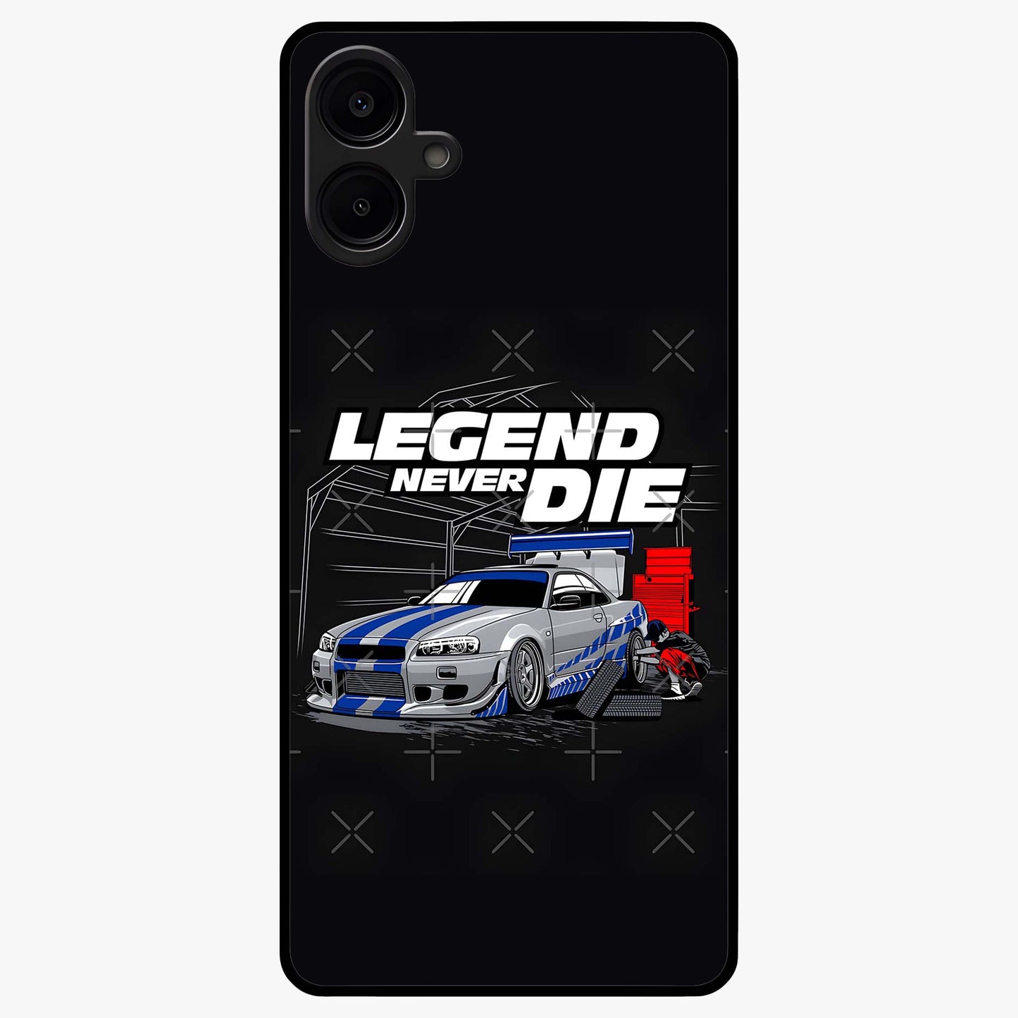 Midnight Racing Legacy Glass Case showing flat back view with sleek racing inspired artwork and glossy glass finish.