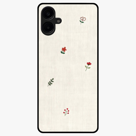 Minimal Petal Whispers Glass Case showing flat back view with soft minimal floral artwork and glossy glass finish.