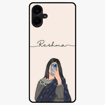 Mirror Mood Muse With Custom Name Glass Case showing flat back view with stylish mirrored artwork and personalized name design.
