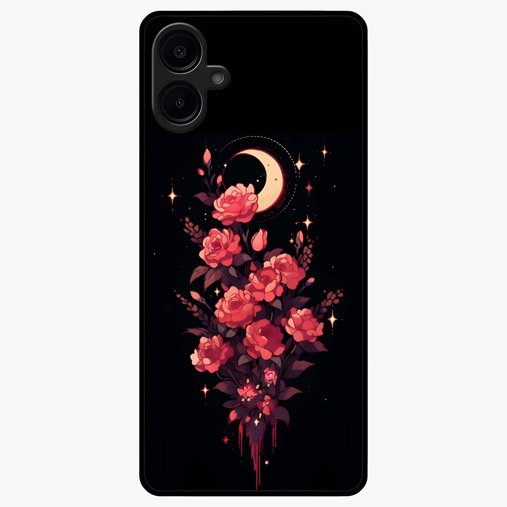 Moonlit Floral Elegance Glass Case showing flat back view with elegant floral artwork under moonlit tones and glossy glass finish.