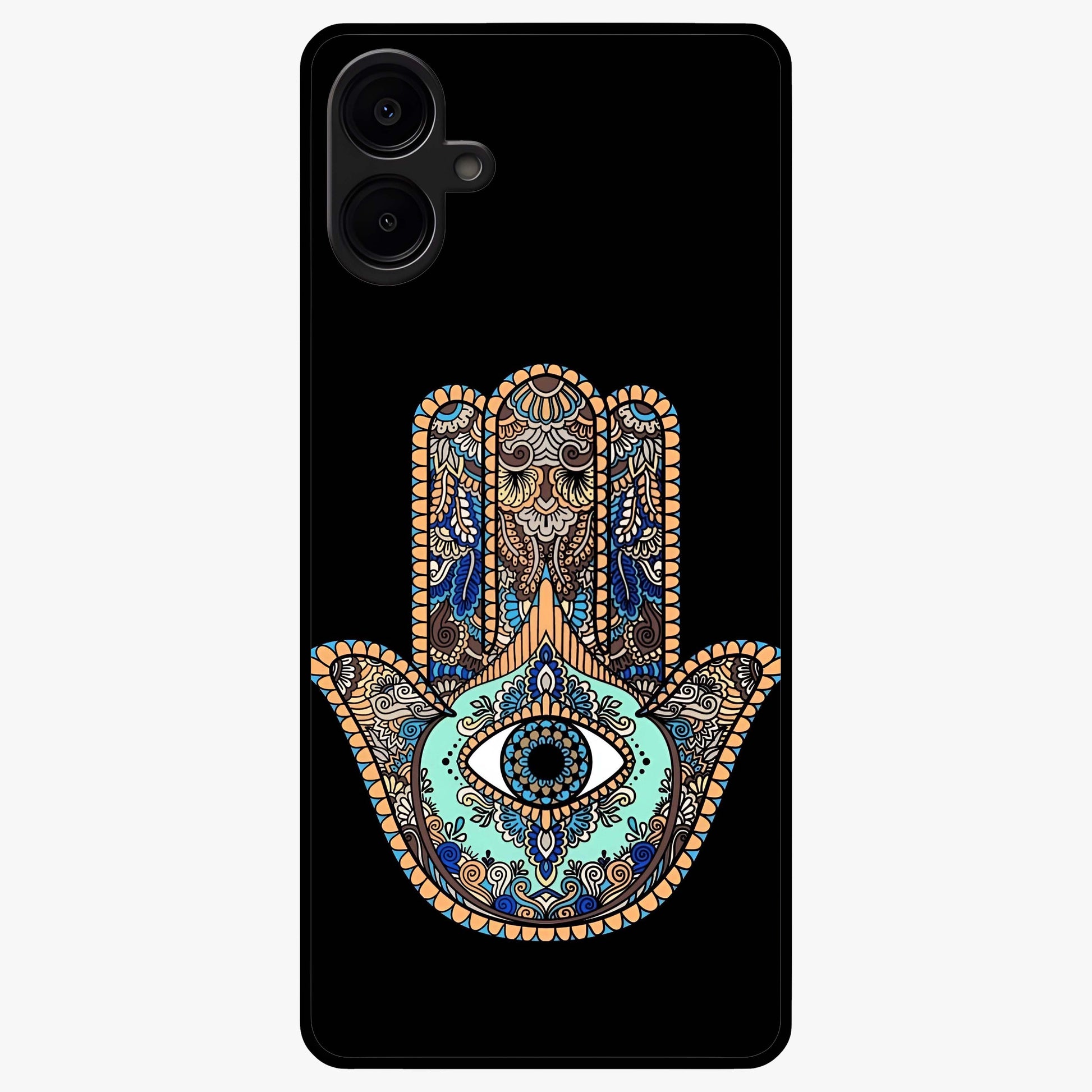Mystic Hamsa Eye Glass Case showing flat back view with protective hamsa hand and evil eye artwork and glossy glass finish.